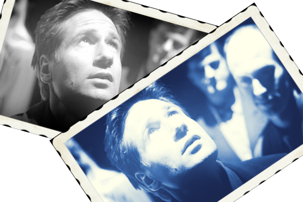 overlapping pictures of Mulder staring up at UFO in Requiem
