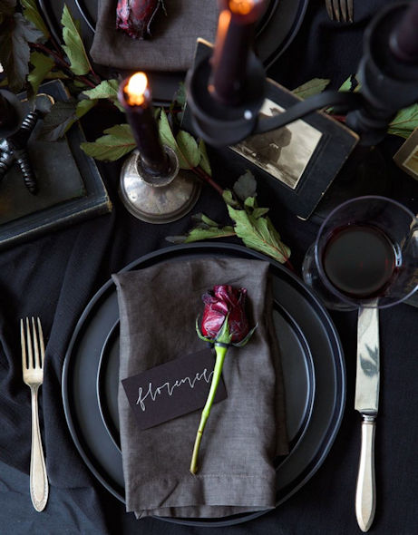 gothic plate setting with rose, tag that says forever